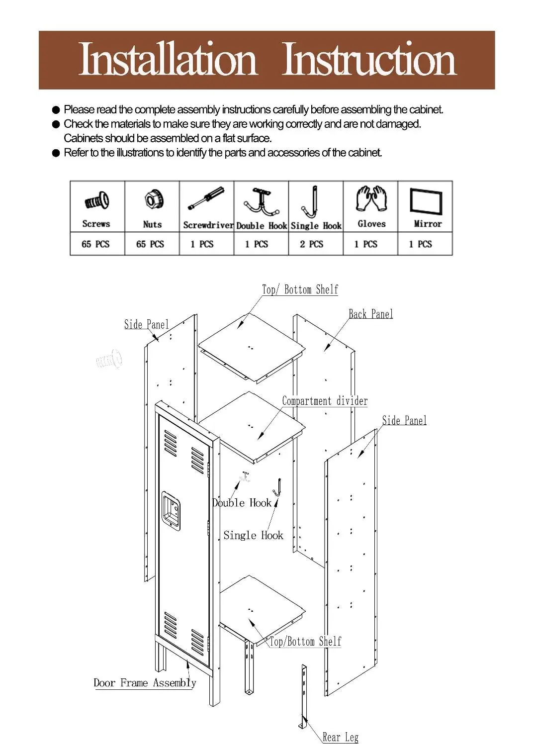Parts list and accessories required for assembly.
