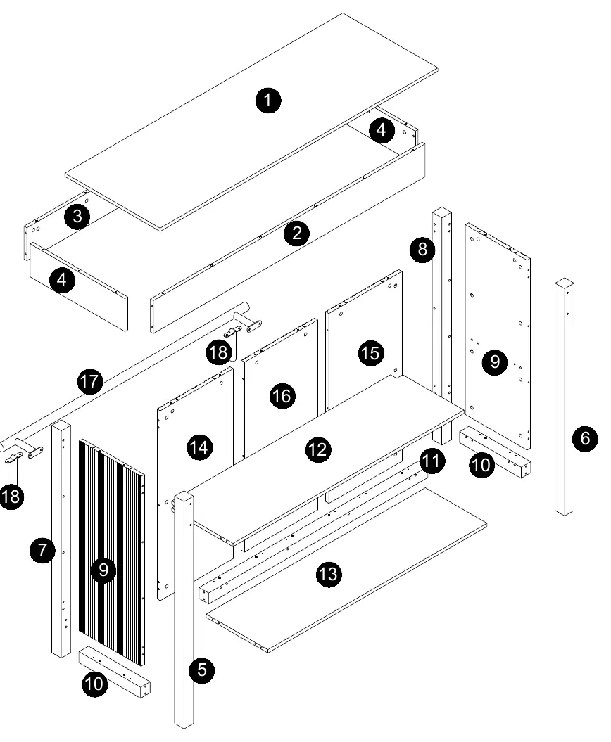 Exploded view of the 2-Tier Bar Unit parts
