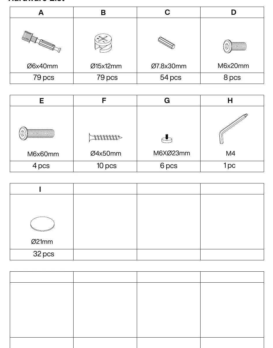 Hardware list with quantities