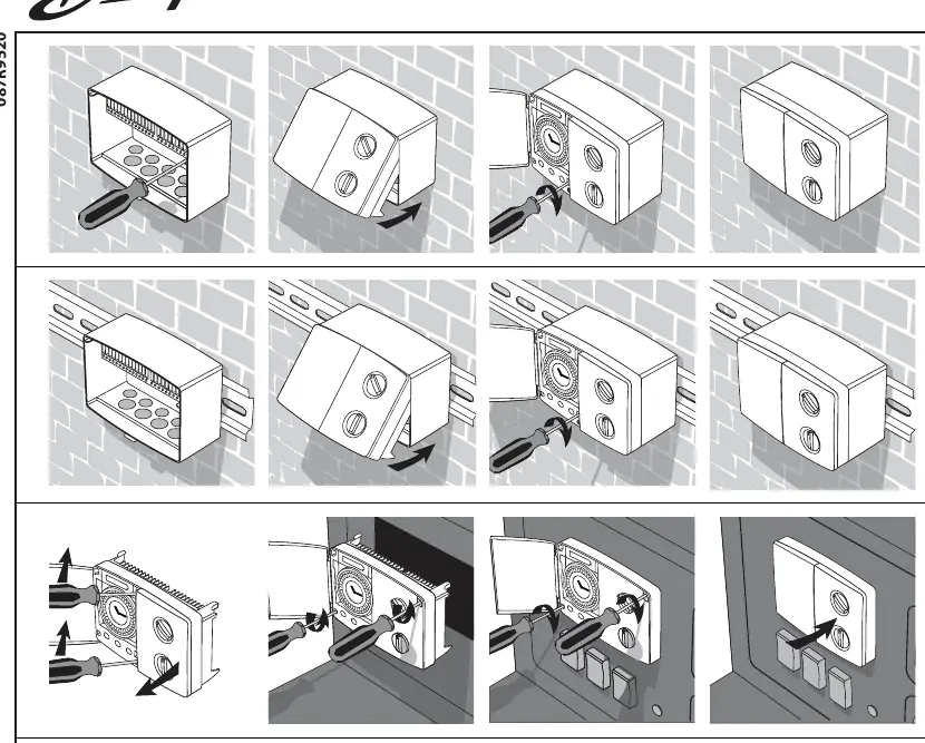 Physical mounting steps for wall and DIN rail installation.