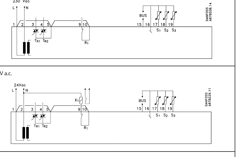 Wiring diagram for 230V a.c. configuration.