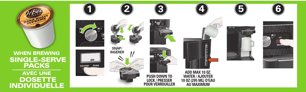 Steps for brewing with single-serve packs.