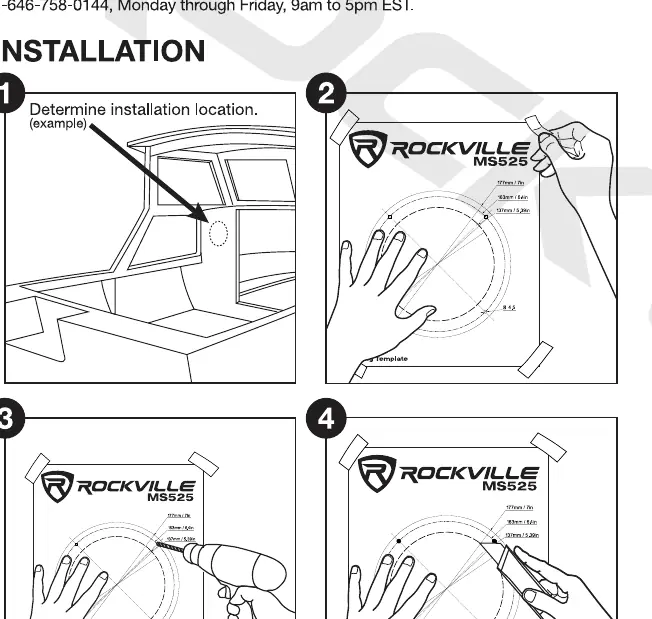 Installation steps 1 through 4: marking and cutting the mounting hole.