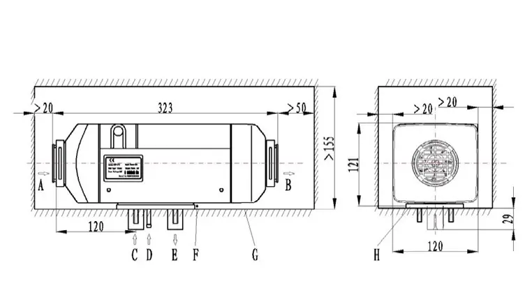 Heater dimensions and clearance requirements