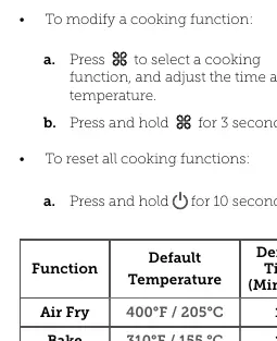 Cooking Functions Table