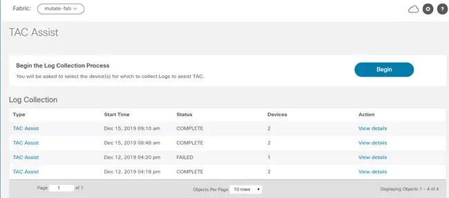 TAC Assist log collection dashboard.
