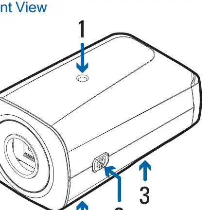 Front view of the camera showing mounting points and lens port.