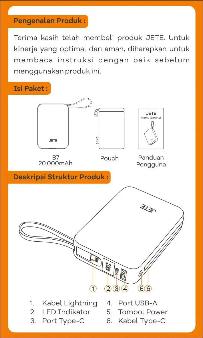 JETE B7 20,000mAh components and port identification