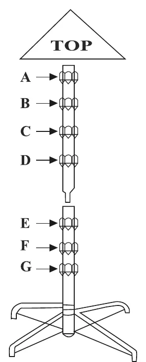 Tree assembly diagram showing the stacking order of sections A through G.