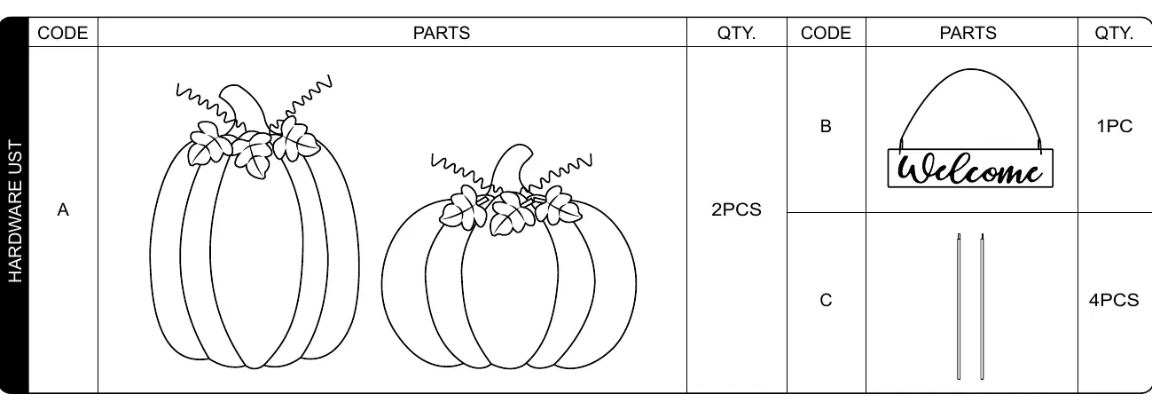 Parts list including pumpkins, Welcome sign, and stakes.
