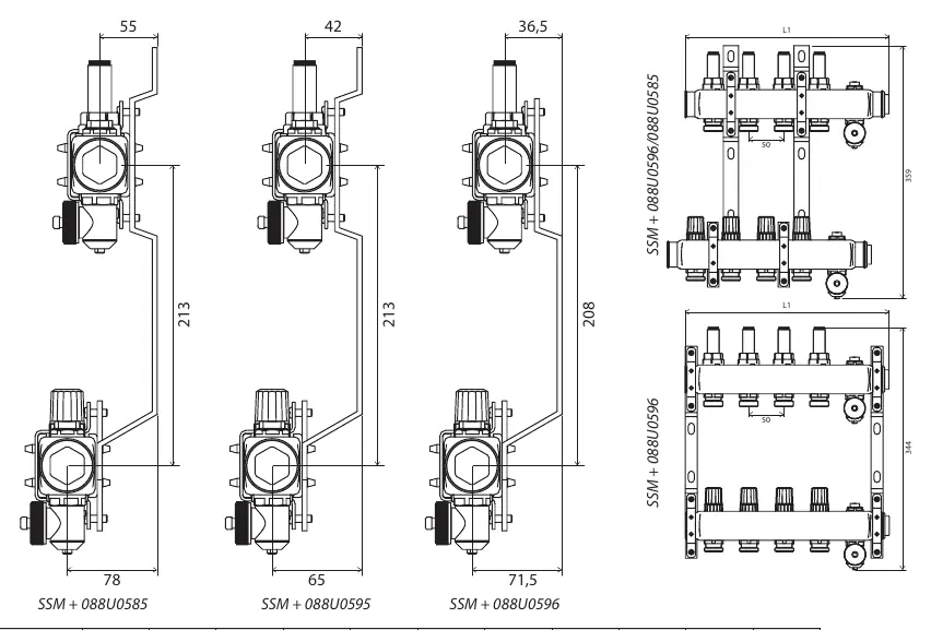 Dimensional drawings for various SSM manifold configurations