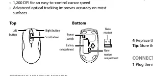 Top and bottom view of the mouse showing buttons, power switch, and battery compartment.