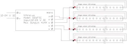 Wiring diagram for connecting the SSWFSC dimmer to 12-24V DC power and LED strips.
