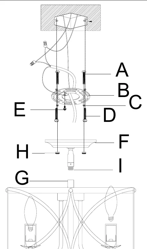Assembly diagram showing parts A through I.