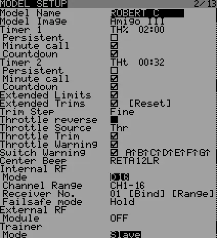Model Setup Screen