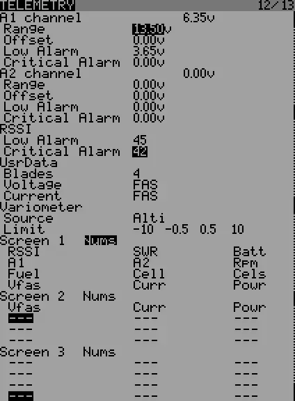 Telemetry Setup Screen
