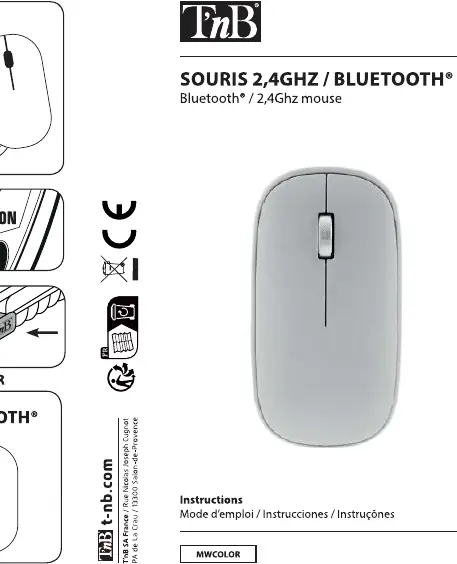 Diagram of the T-nB mouse showing the ON/OFF switch, connect button, and charging port.