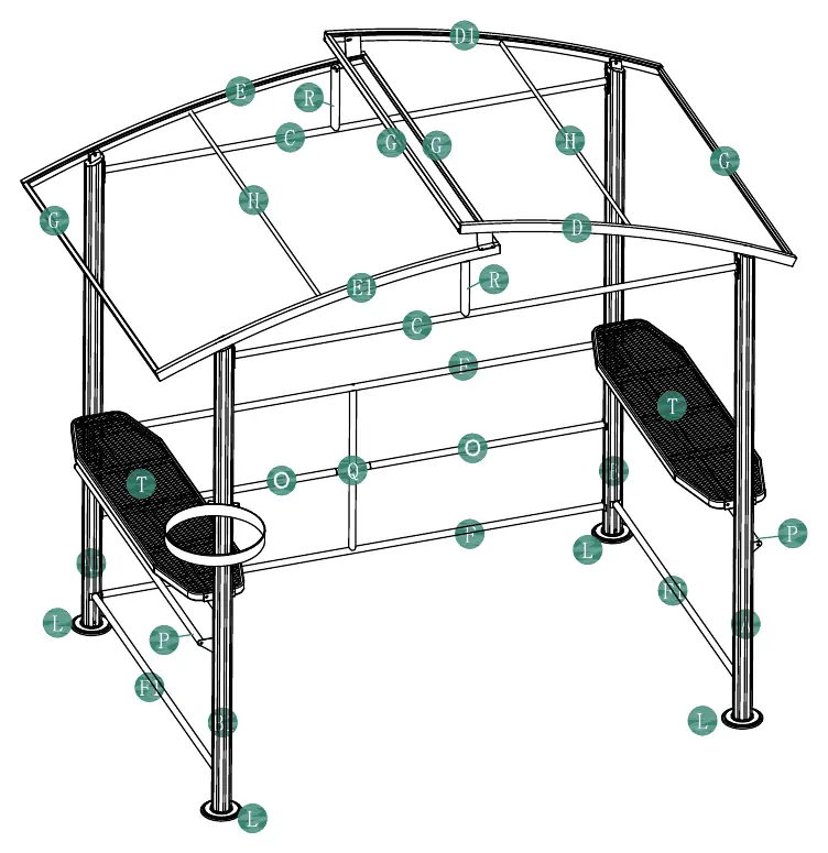 Exploded view of the assembled gazebo