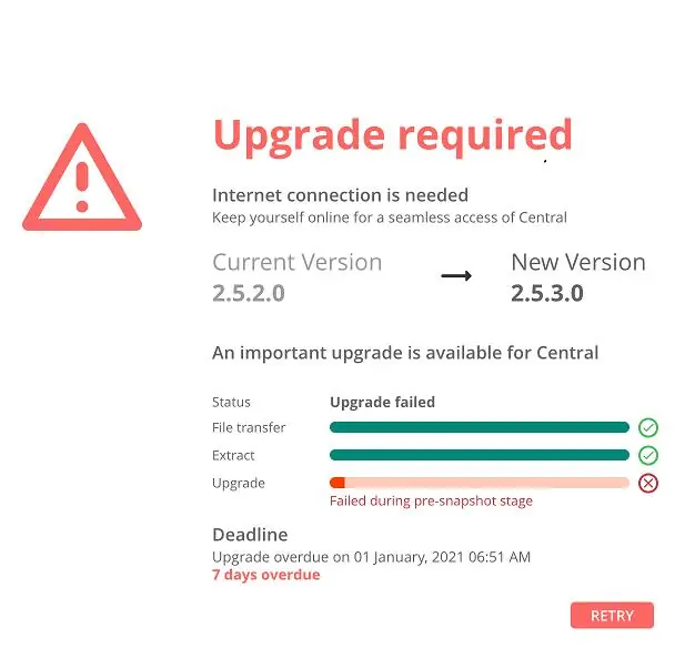 Upgrade status screen