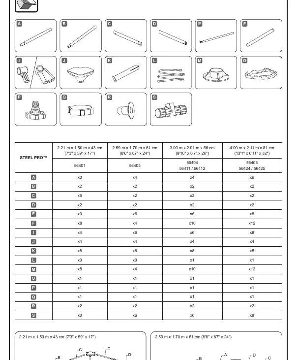 Parts list and quantity table for different pool models.