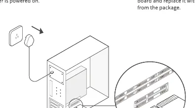 Hardware installation steps showing the PCIe slot and adapter insertion.