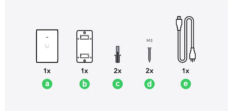 Package contents including adapter, bracket, anchors, screws, and power cable.