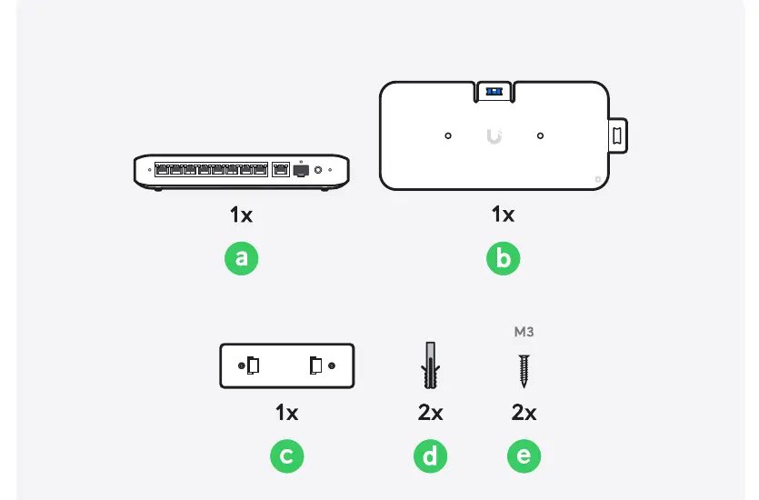 Package contents including switch, bracket, template, and hardware.