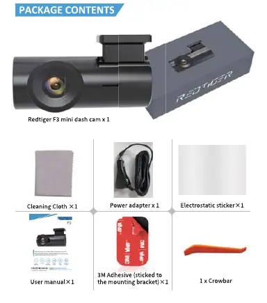 Package contents including camera, power adapter, and accessories.