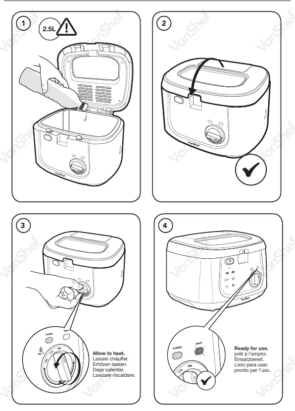 Operation steps 1-4: Filling, heating, and ready status.