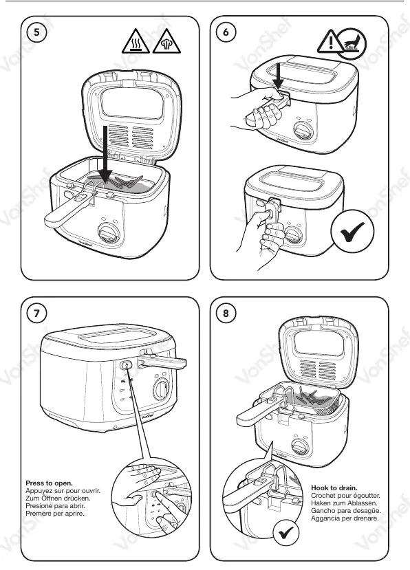 Operation steps 5-8: Frying, opening, and draining.