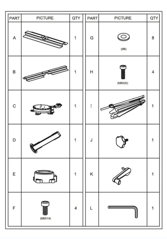 Parts list for the cantilever umbrella