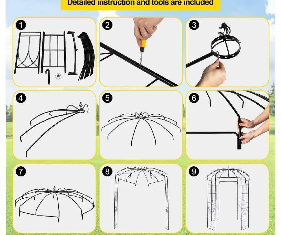 Step-by-step assembly sequence for the garden arbor