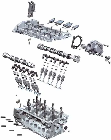 Exploded view of the cylinder head components.