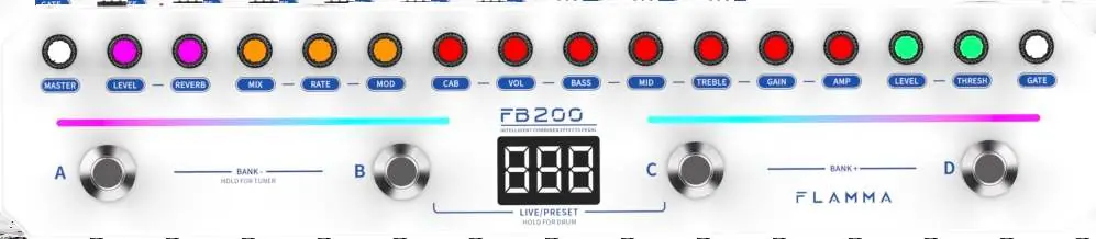 Top panel layout showing module knobs and footswitches