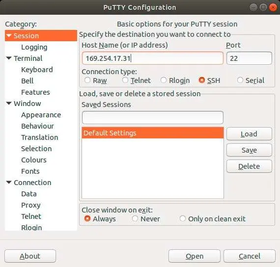 PuTTY Session configuration