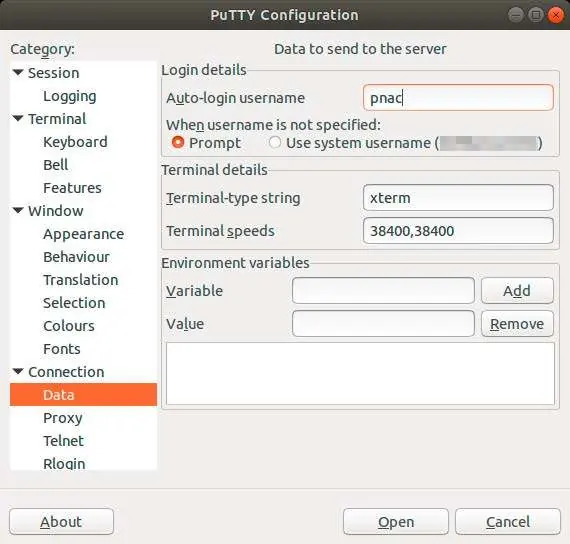 PuTTY Data settings