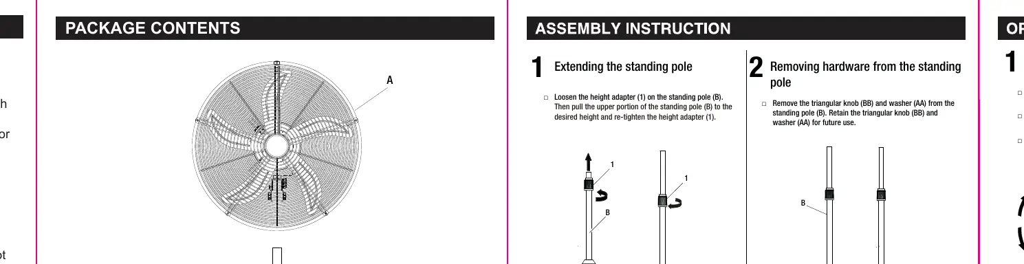 Assembly steps for the pedestal fan.