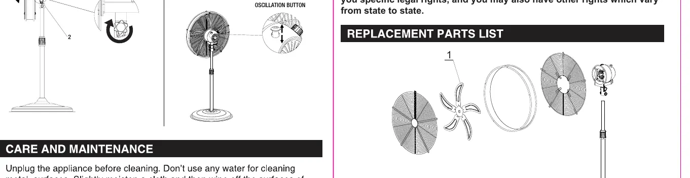 Operation controls for tilt and oscillation.