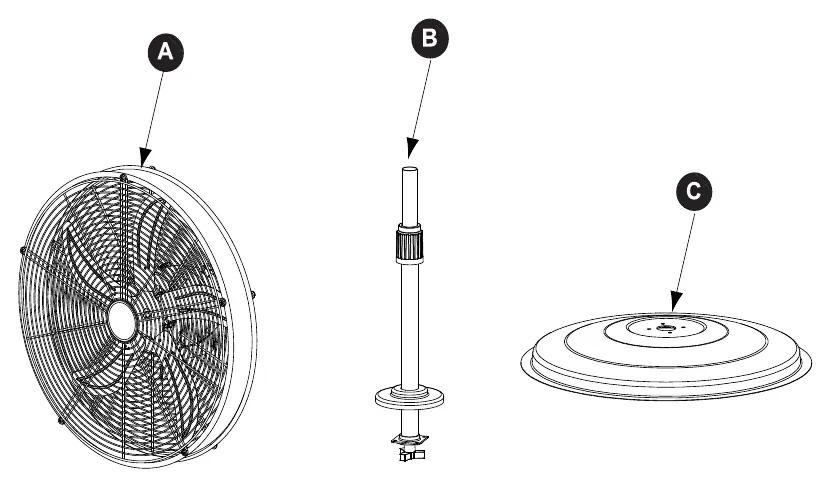 Package contents showing Fan Body, Stand Pole, and Base.