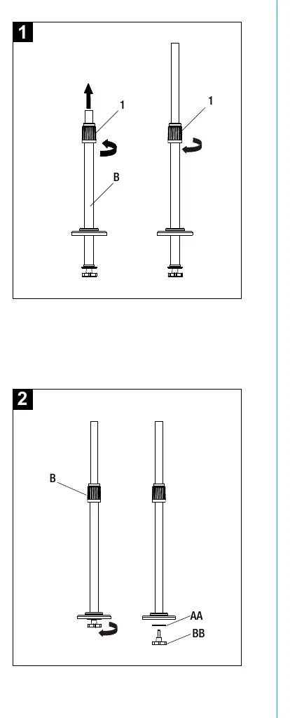 Assembly steps 1 and 2: Extending the standing pole and removing hardware.