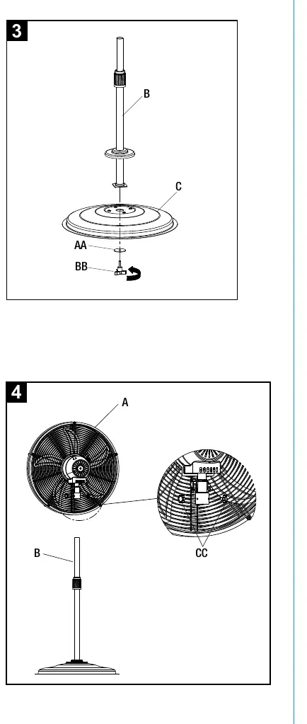 Assembly steps 3 and 4: Attaching the pole to the base and the fan head.