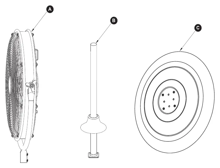 Package contents showing fan body, stand pole, and base.