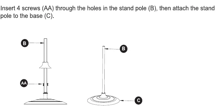Assembly steps for attaching the stand pole to the base.