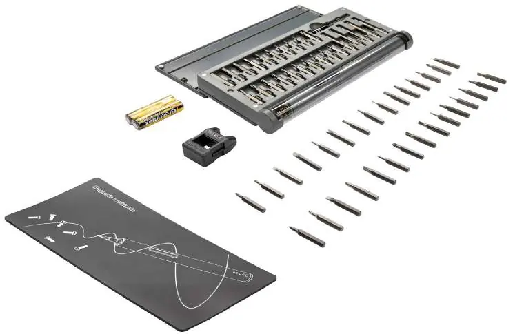 Package contents including bits, case, and tools.