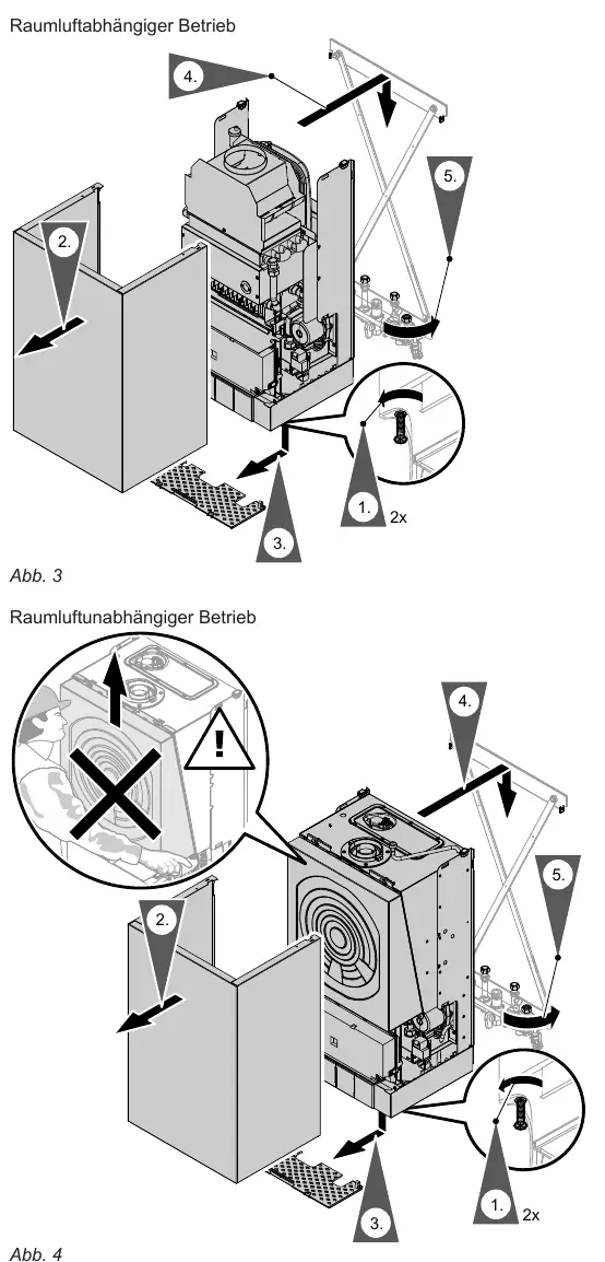 Mounting steps for room-dependent and room-independent operation (Abb. 3, Abb. 4)