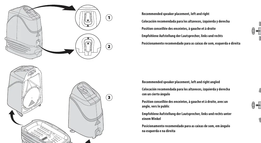 Steps for releasing latches and setting up the mixer and speakers.