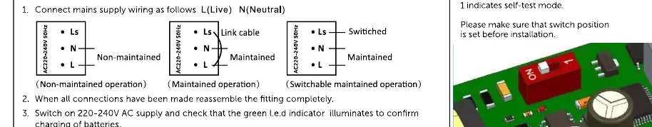 Wiring diagrams for Non-maintained, Maintained, and Switchable maintained operations.