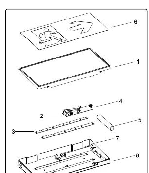 Exploded view of the emergency exit sign components.