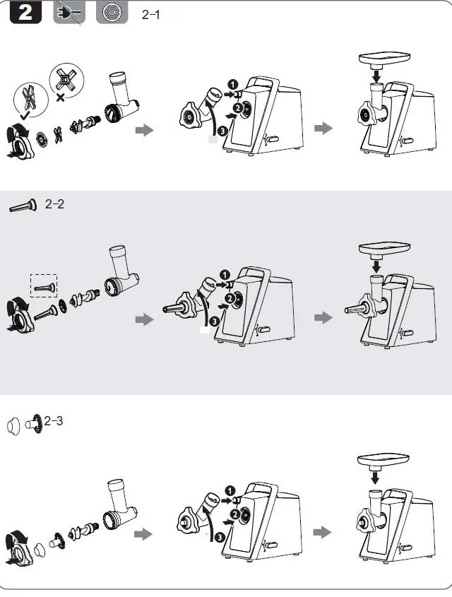 Assembly steps for meat grinder, sausage, and vegetable attachments.