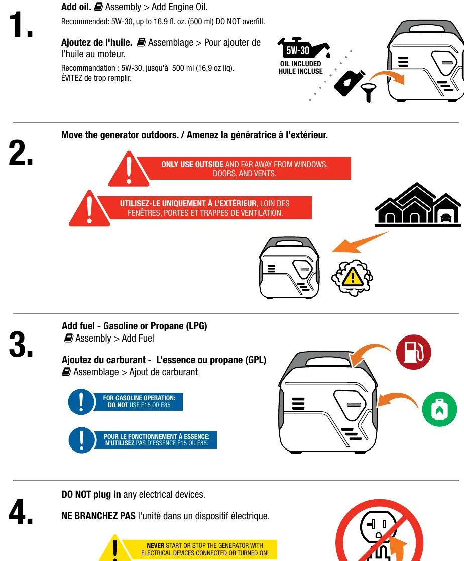 Setup steps including oil and fuel